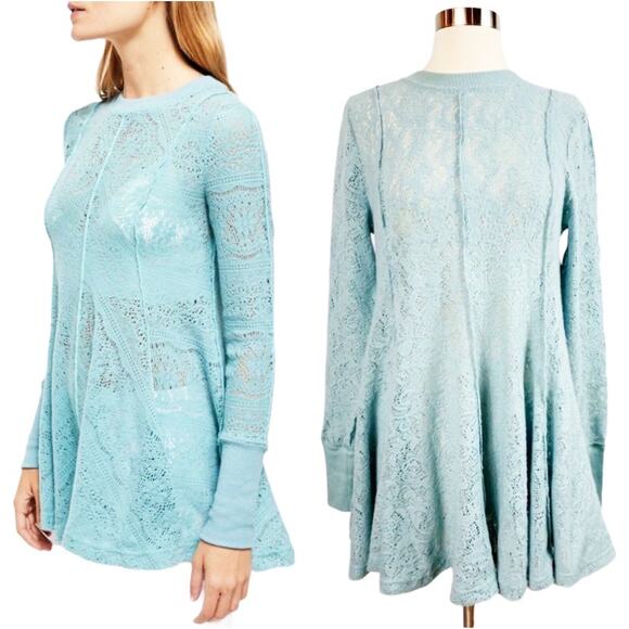 FREE PEOPLE Coffee in the Morning Tunic Blue Astral Sea Knit Lace Sweater Small - Picture 8 of 8